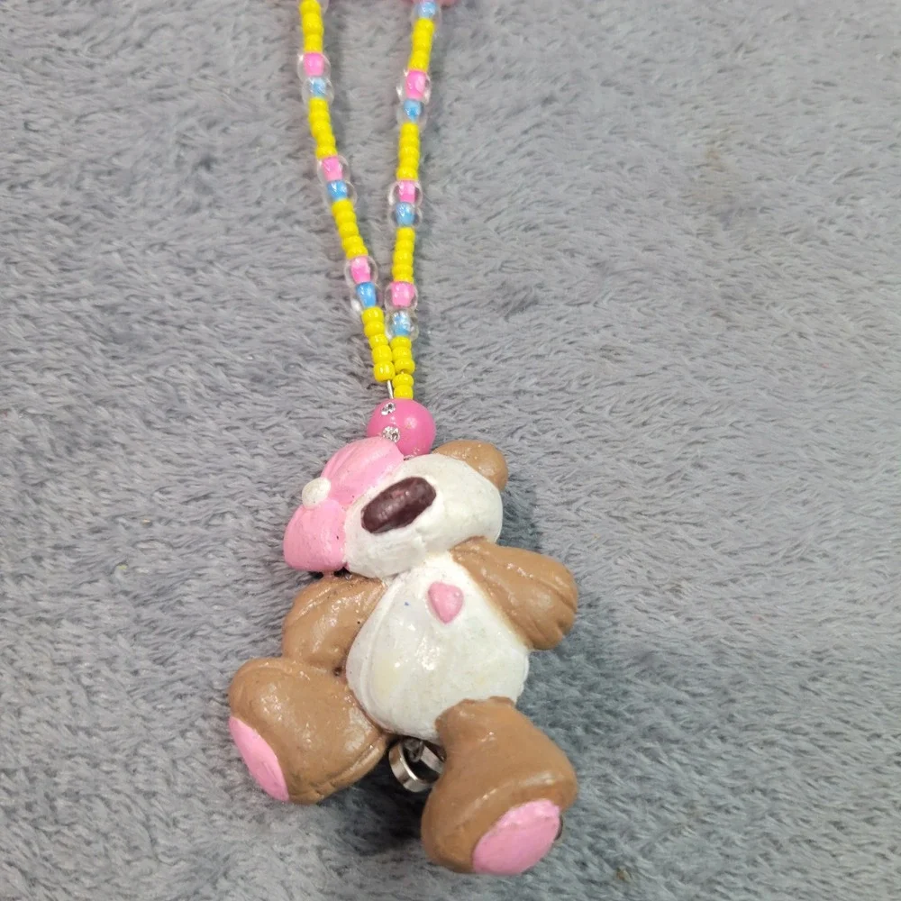Lanyard Women OS Yellow Pink Beaded‎ Teddy Bear Clay Charm Kidcore Cute Kawaii